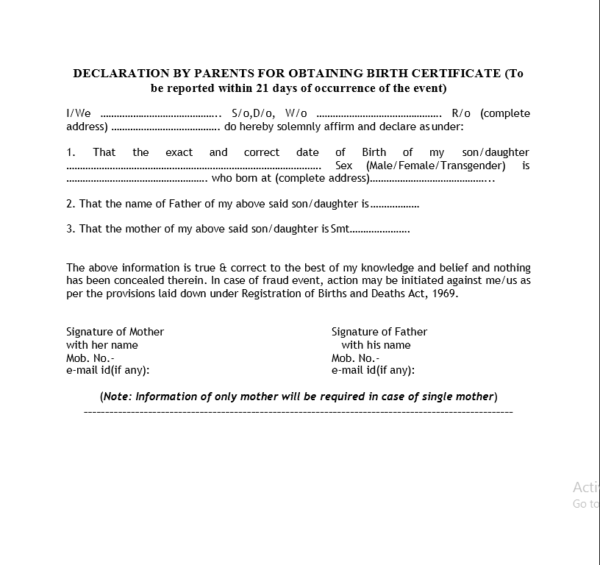 Self Declaration form For Birth Certificate online Application 600x565 1